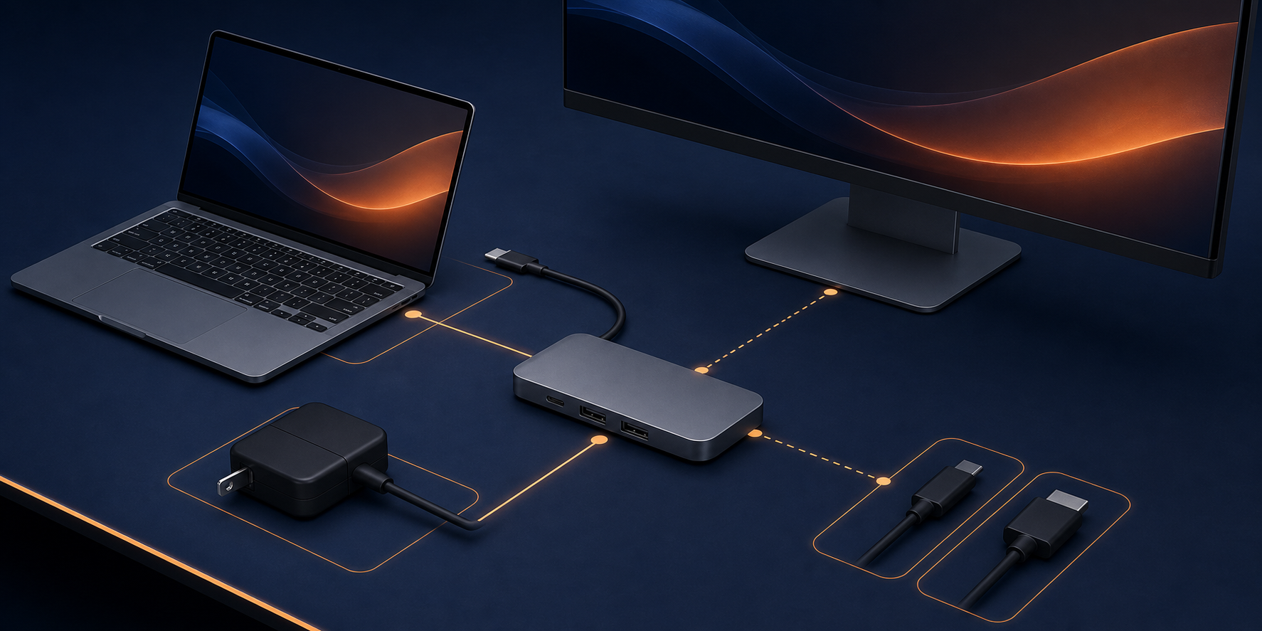 ノートPC、外部ディスプレイ、USB-Cハブ、給電器、ケーブルを要件として整理するイメージ
