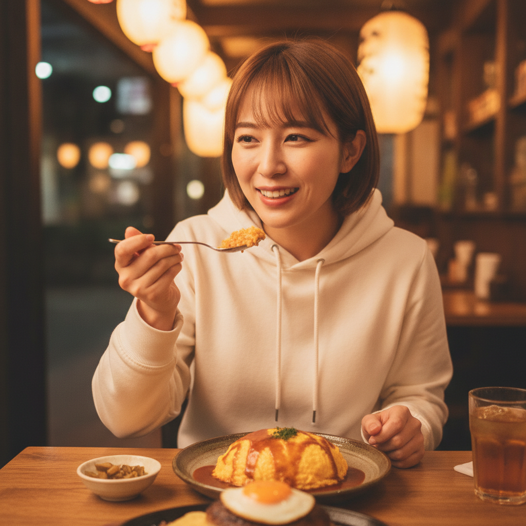 茨城県の洋食を楽しむ女性のイメージ（AI生成）